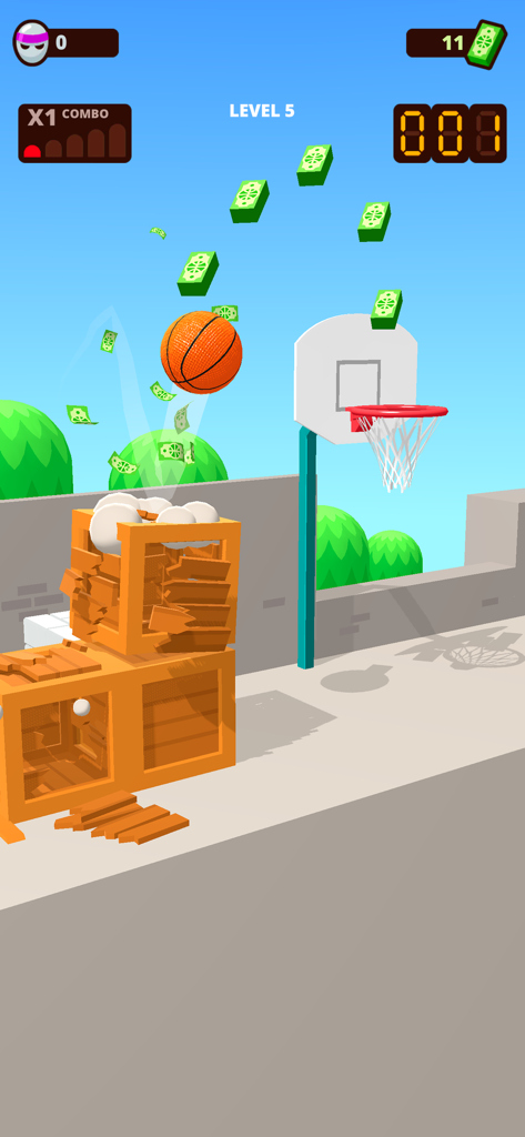Bounce Dunk - basketball game - 도시 거리 레벨에서 나무 상자를 부수고 림으로 튕기는 농구공