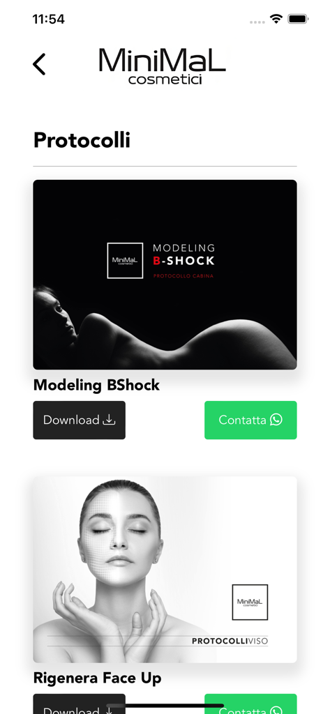 Interfaz de la aplicación Minimal Group Pro que muestra protocolos de tratamiento profesionales con opciones para descargar o contactar vía WhatsApp