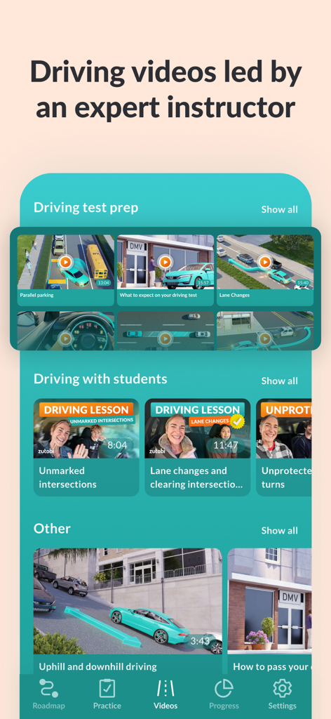 Zutobi: Permit & Driving Prep - Interfaz de la aplicación Zutobi que muestra una biblioteca de videos de lecciones de manejo dirigidos por un instructor experto.