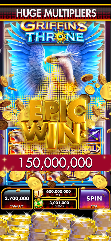 Slots DoubleDown Fort Knox - Victoria épica en la máquina tragamonedas Griffin's Throne con 150 millones de créditos