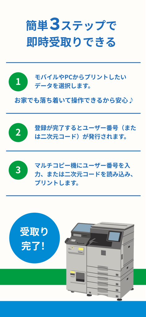 ファミマネットワークプリント - コンビニでファミリーマートネットワークプリントアプリを使用してプリントする3ステップのプロセスを示すインフォグラフィック。