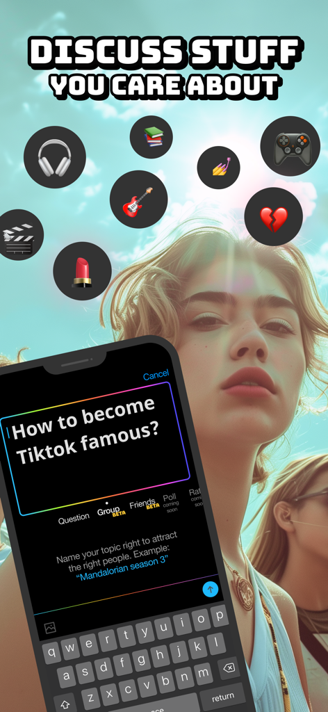 A smartphone screen showing a question about TikTok fame with interest icons for music and gaming