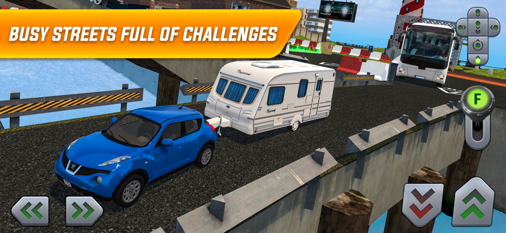 Um SUV azul rebocando um trailer de caravana branco em uma ponte estreita do porto com controles de jogo na tela