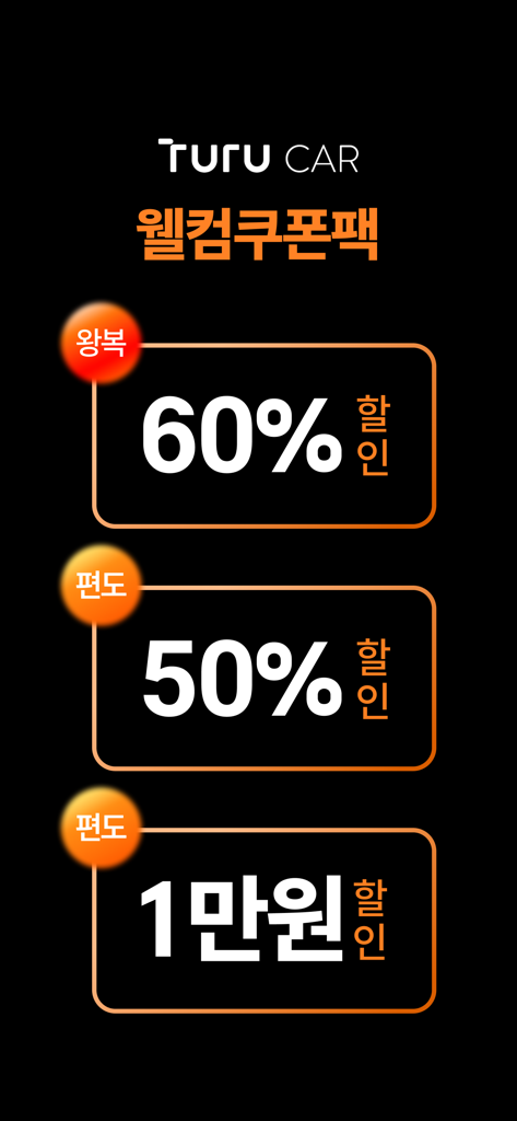 Promotional screen for Turu Car app showing welcome coupon packs including 60 percent off round trips and 50 percent off one-way car rentals.
