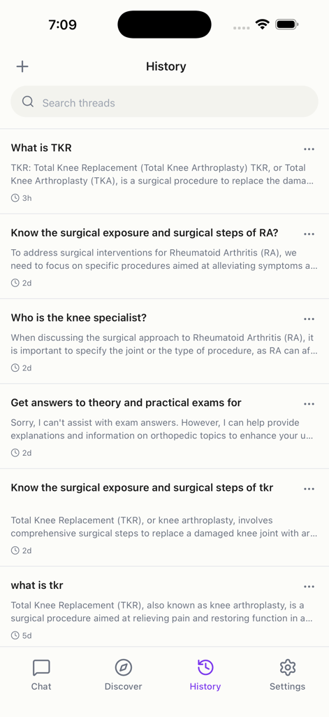 Ortho AI - AIMD - Ortho AI app history screen showing a list of previous orthopedic medical chat threads