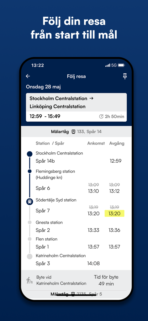 Mälardalstrafik - Malardalstrafik app screen displaying a train travel route with real-time station arrivals and departures