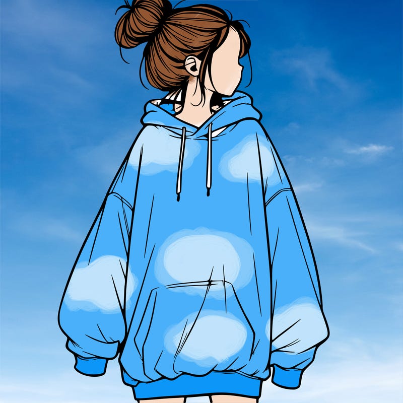 realistic girl with a oversized sweatshirt on and a bun