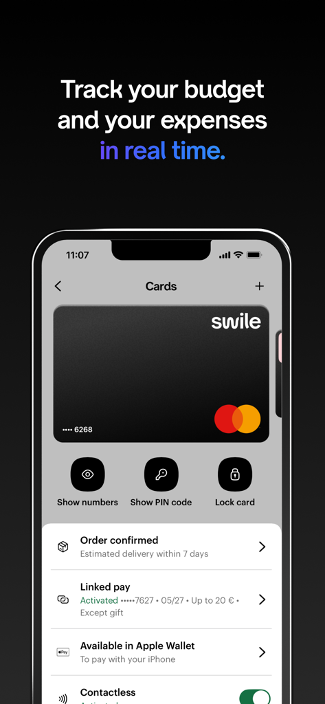 Swile app screen displaying virtual benefit card and real-time expense tracking features