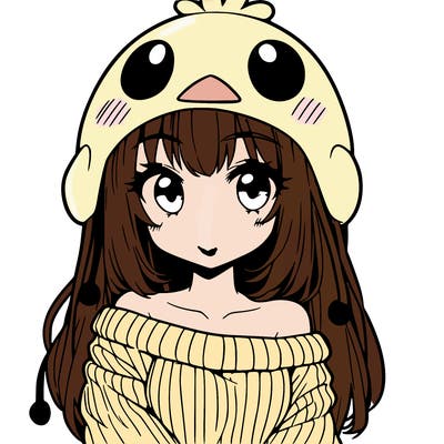 anime girl with chick shaped hat with sweater with bare shoulders with bangs covering them one eye with low tail