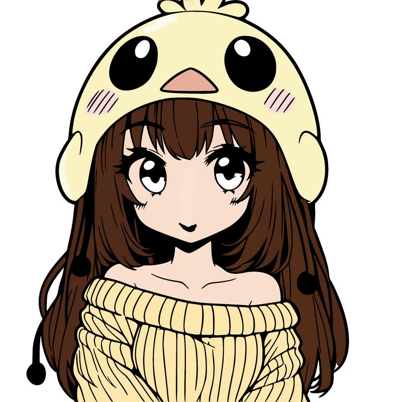 anime girl with chick shaped hat with sweater with bare shoulders with bangs covering them one eye with low tail