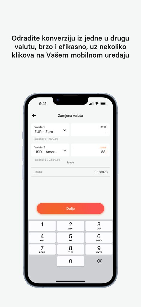 mHB klik - A currency exchange screen in the mHB klik mobile banking app for converting Euros to US Dollars.