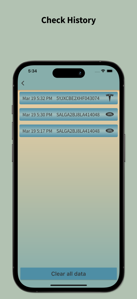 VIN-Decoder-App-Bildschirm zur Überprüfung des Verlaufs mit gescannten Fahrzeugen