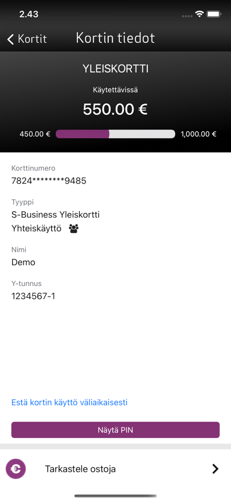 Bildschirm der mobilen S-Business-App mit Firmenkarteninformationen und Kontostand