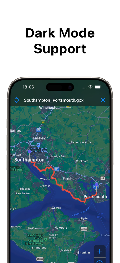 TrailWay: GPX Hiking Companion - Interfaz de la aplicación TrailWay en modo oscuro que muestra una ruta GPX de Southampton a Portsmouth