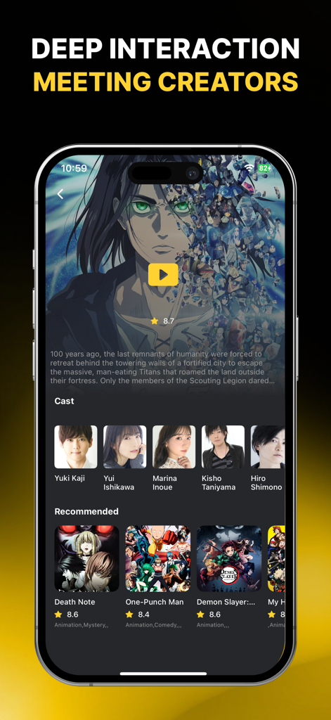 DeepVideo X - Mobile screen showing DeepVideo X anime details with cast member profiles and recommended titles like Death Note and Demon Slayer.