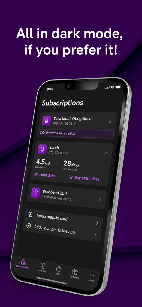Mitt Telia - Mitt Telia app interface showing subscription details and data usage in dark mode