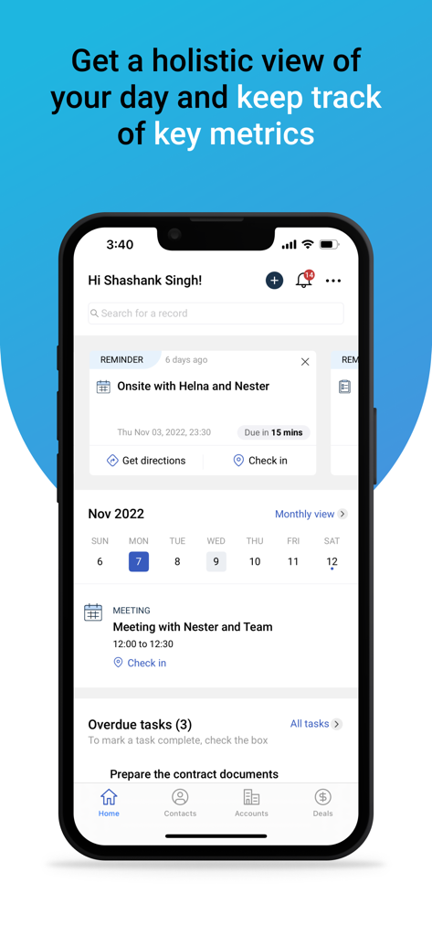 Freshsales - Schermata principale dell'app mobile Freshsales che mostra le attività giornaliere, le riunioni e un calendario per la produttività delle vendite