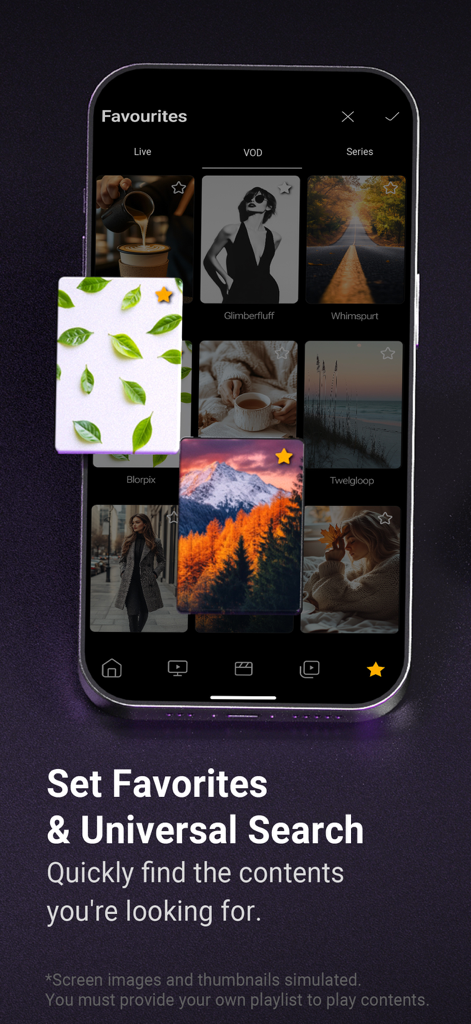 MYTVOnline+ IPTV Player interface showing favorites and universal search functionality