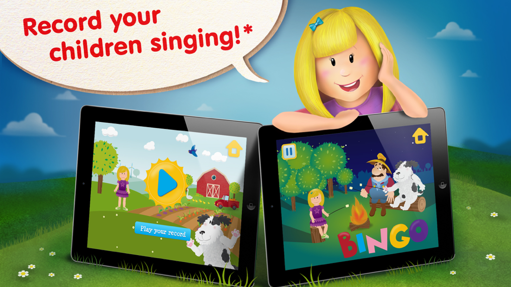 ABC Bingo Song for Kids: learn alphabet and phonics with karaoke nursery rhymes - ABC Bingo Song for Kids app showing the karaoke and recording features on two iPads