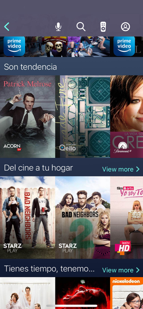 izzi go - L'interface de l'application mobile izzi go affichant une bibliothèque de films et d'émissions de télévision de divers fournisseurs de streaming