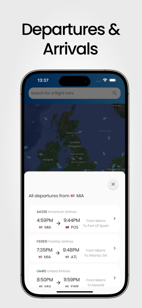 Flights25 app interface showing a list of flight departures and arrivals for Miami airport over a map view.