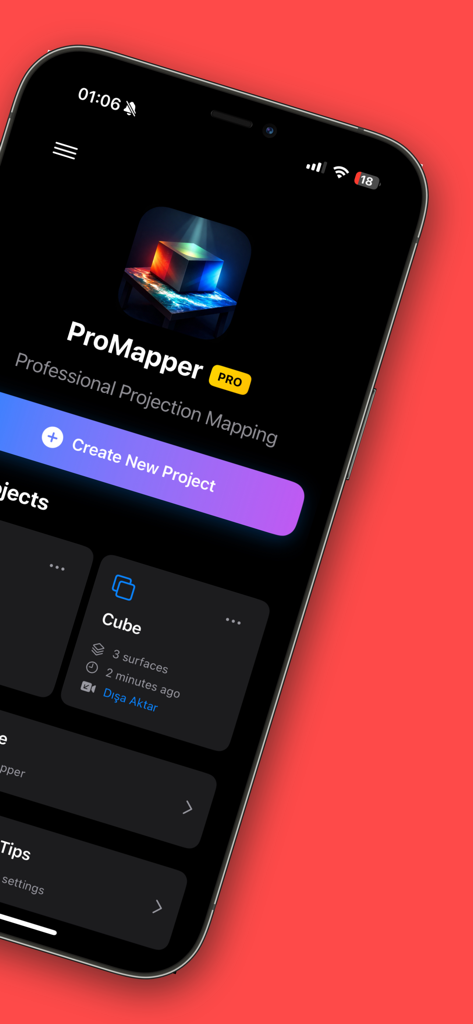 Pro Mapper Projection Mapping - Pro Mapper projection mapping app dashboard on an iPhone showing the create new project button and project list