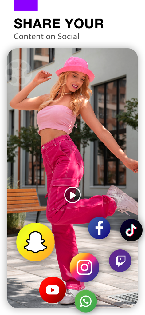 Photo Video Maker With Music - Una mujer vestida de rosa bailando con varios íconos de redes sociales para compartir contenido de video