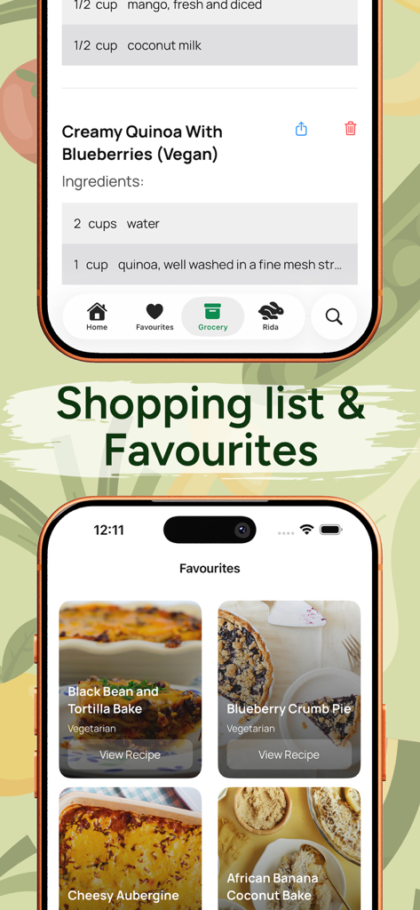 NutriBites app screen showing ingredients list and favorite healthy recipes.
