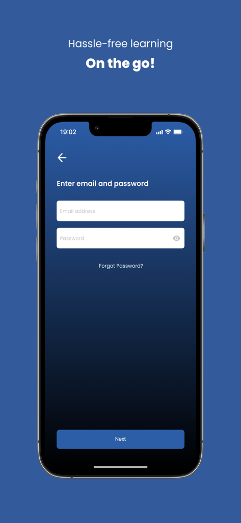 Login screen of the WFM eLearning mobile app featuring email and password input fields