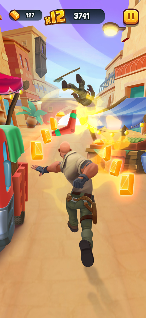 El Dr. Bravestone lanzando un bumerán y recogiendo barras de oro en un mercado en Jumanji Epic Run