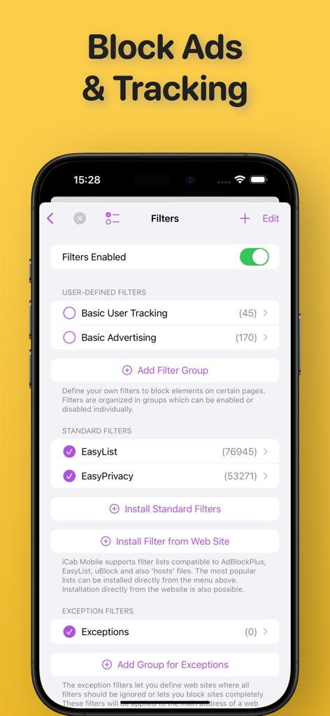 iCab Mobile (Web Browser) - Interfaz de la aplicación iCab Mobile mostrando la configuración de filtros de bloqueo de anuncios y seguimiento.