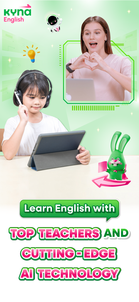 Kyna English - A young girl using a tablet for an online English lesson with a teacher and AI technology.