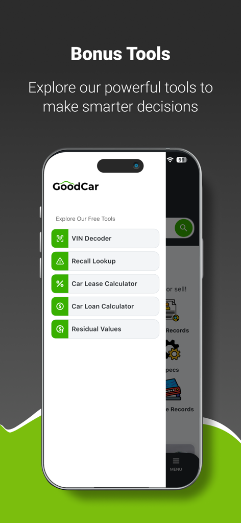 GOODCAR: Vehicle History Check - GoodCar app menu showing VIN decoder, recall lookup, and car finance calculators