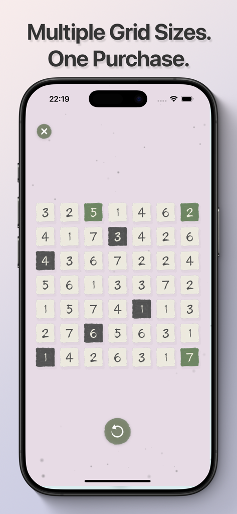 A minimalist Hitori logic puzzle grid on an iPhone screen with the text Multiple Grid Sizes One Purchase