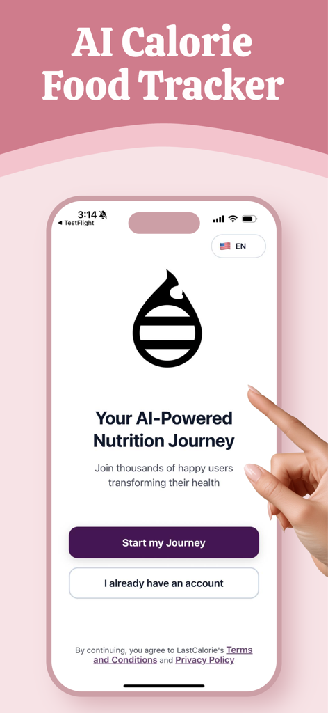 Last Calorie - Tela de integração do aplicativo Last Calorie com jornada de nutrição alimentada por IA e um botão de início.