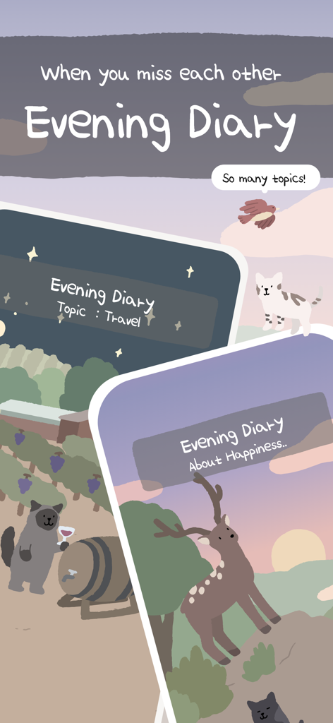 Evening Diary feature screen in Couple Tree app showing journal topics and cute animal illustrations