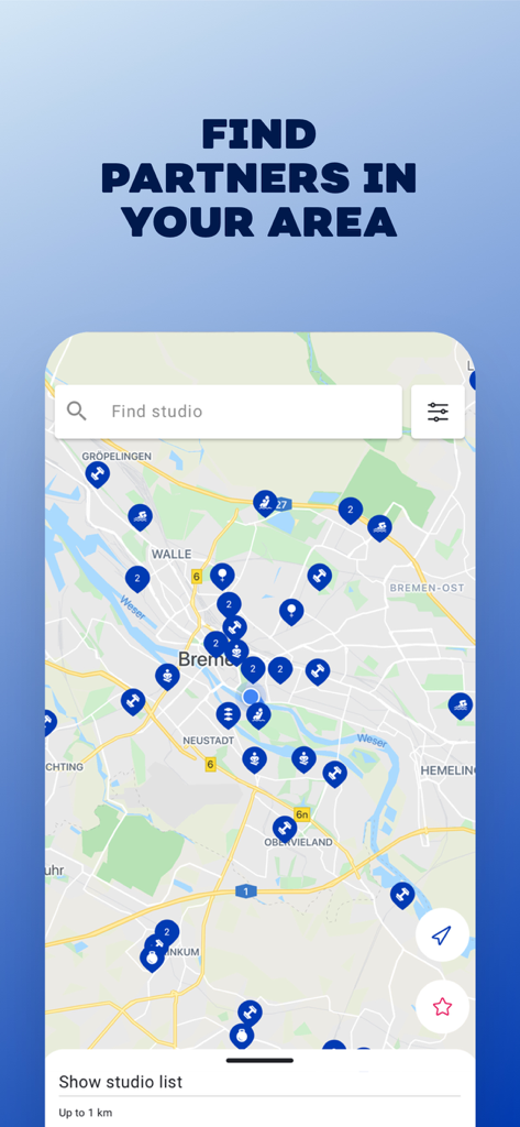 A mobile screen showing a map with icons for various fitness and wellness locations in the Hansefit network
