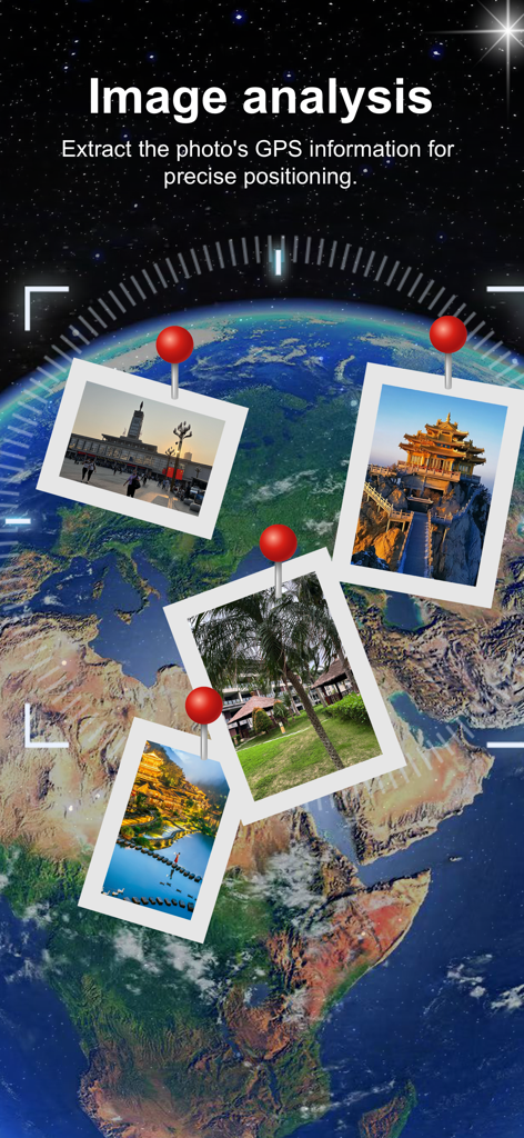 GeoSap - Smart Geotag Engine - GeoSap app screen showing photos pinned to a 3D globe for GPS location analysis