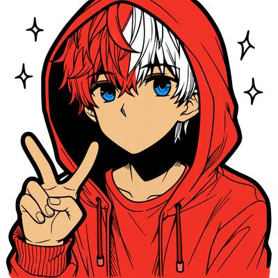 teenage manga boy in a hoodie, doing ✌