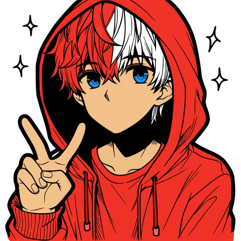 teenage manga boy in a hoodie, doing ✌
