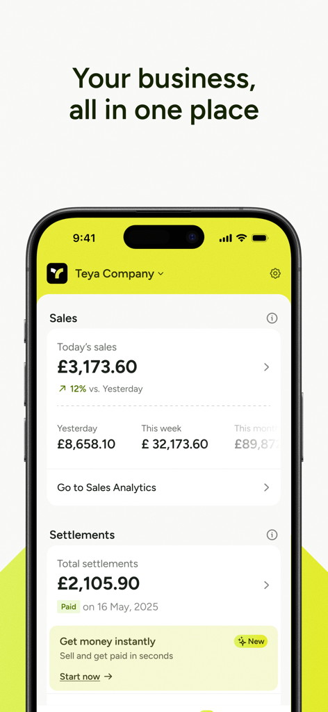 Mobile dashboard showing real-time business sales and settlements in the Teya app.