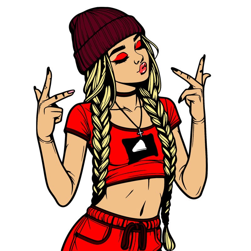 realistic teenage girl with braids and a beanie and crop top doing 🫶🏼