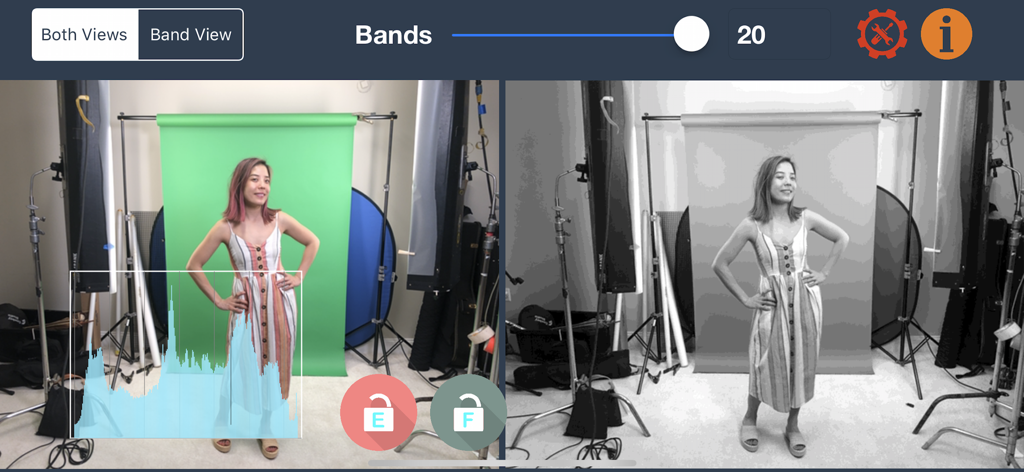 Perfect Green Screen - 女性がグリーンバックスタジオにいる様子と、技術的な輝度バンドオーバーレイを分割表示したアプリインターフェイス。