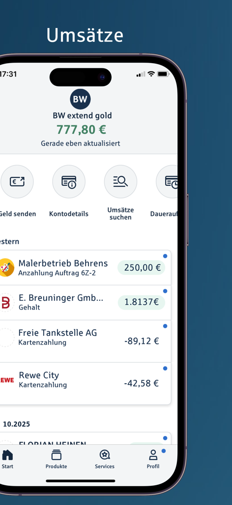 Interface do aplicativo móvel BW-Bank mostrando histórico de transações e saldo da conta no iPhone