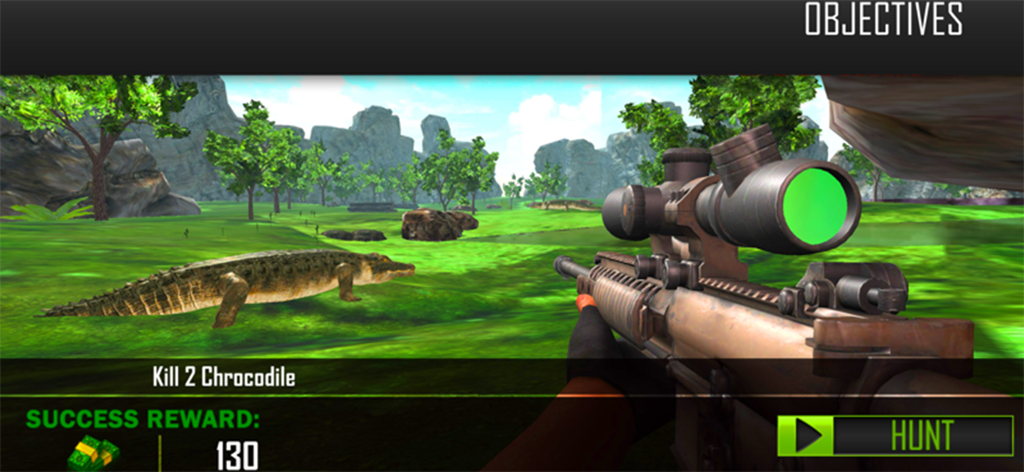 Deer Hunting Wild Animal Games - First person view of a sniper rifle aiming at a crocodile in a wild animal hunting game
