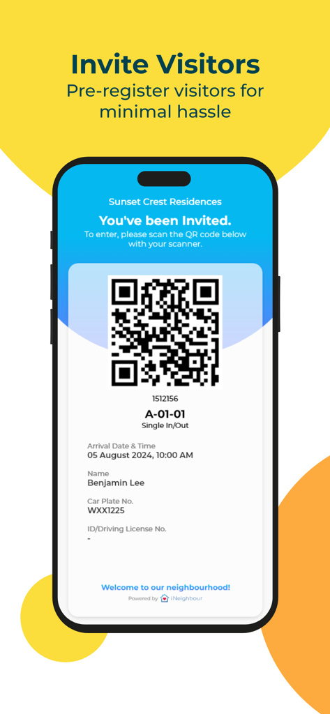 i-Neighbour - Smartphone screen showing a digital visitor invitation with a QR code for secure community access in the i-Neighbour app