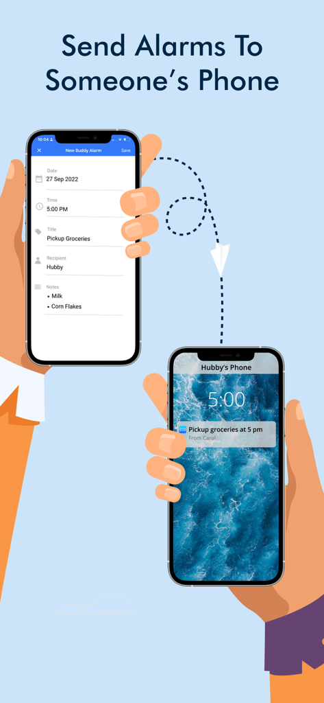 A demonstration of sending a reminder to another person's phone using the Galarm buddy alarm feature.