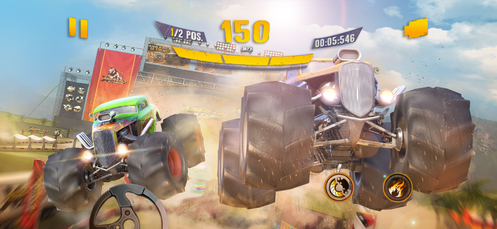 Asphalt Xtreme - Two monster trucks jumping during a high speed off road race in Asphalt Xtreme