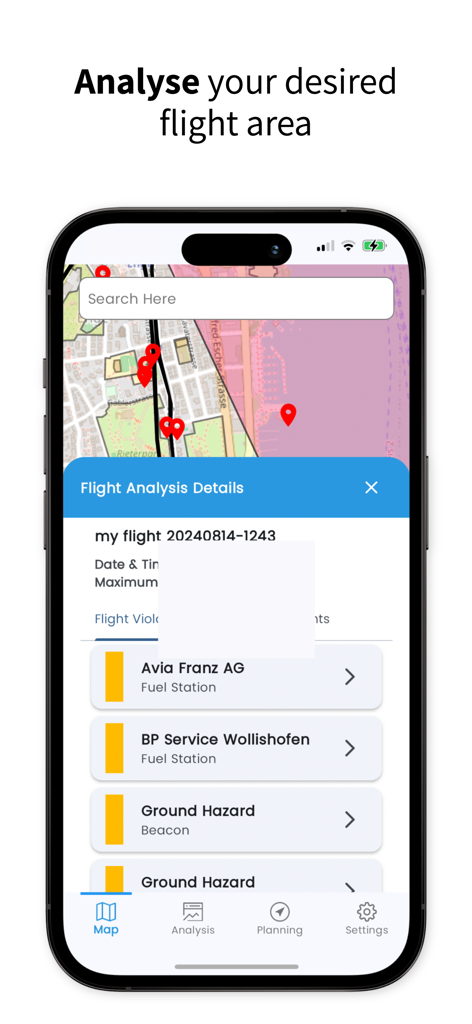 SkyGuard for Drones - SkyGuard app interface showing flight analysis details with ground hazards and map markers