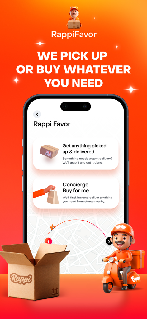 Rappi - Deliveries in Minutes - RappiFavor mobile app screen showing concierge service to pick up or buy items for delivery